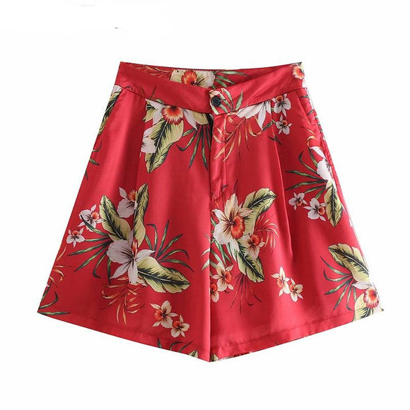 Summer Floral Leaf Red Shorts Wide-Length Shorts