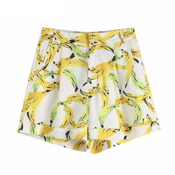 New Banana Printed Mini Shorts Women Cuffed Summer Shorts