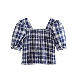 Vintage Sweet Plaid Smocked Cropped Tops Women Blouses