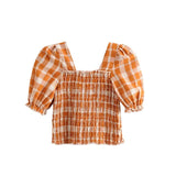 Vintage Sweet Plaid Smocked Cropped Tops Women Blouses
